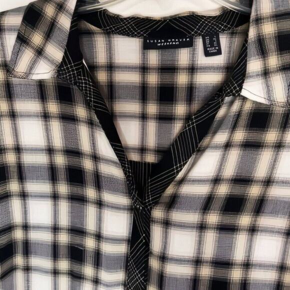 Susan Graver Loose Fit Button Up Yarn Dyed Plaid Oversized Collared Top POCKETS! - Picture 4 of 8